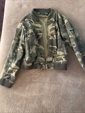 Fashion Nova Camo Distressed Bomber Jacket - Olive Green